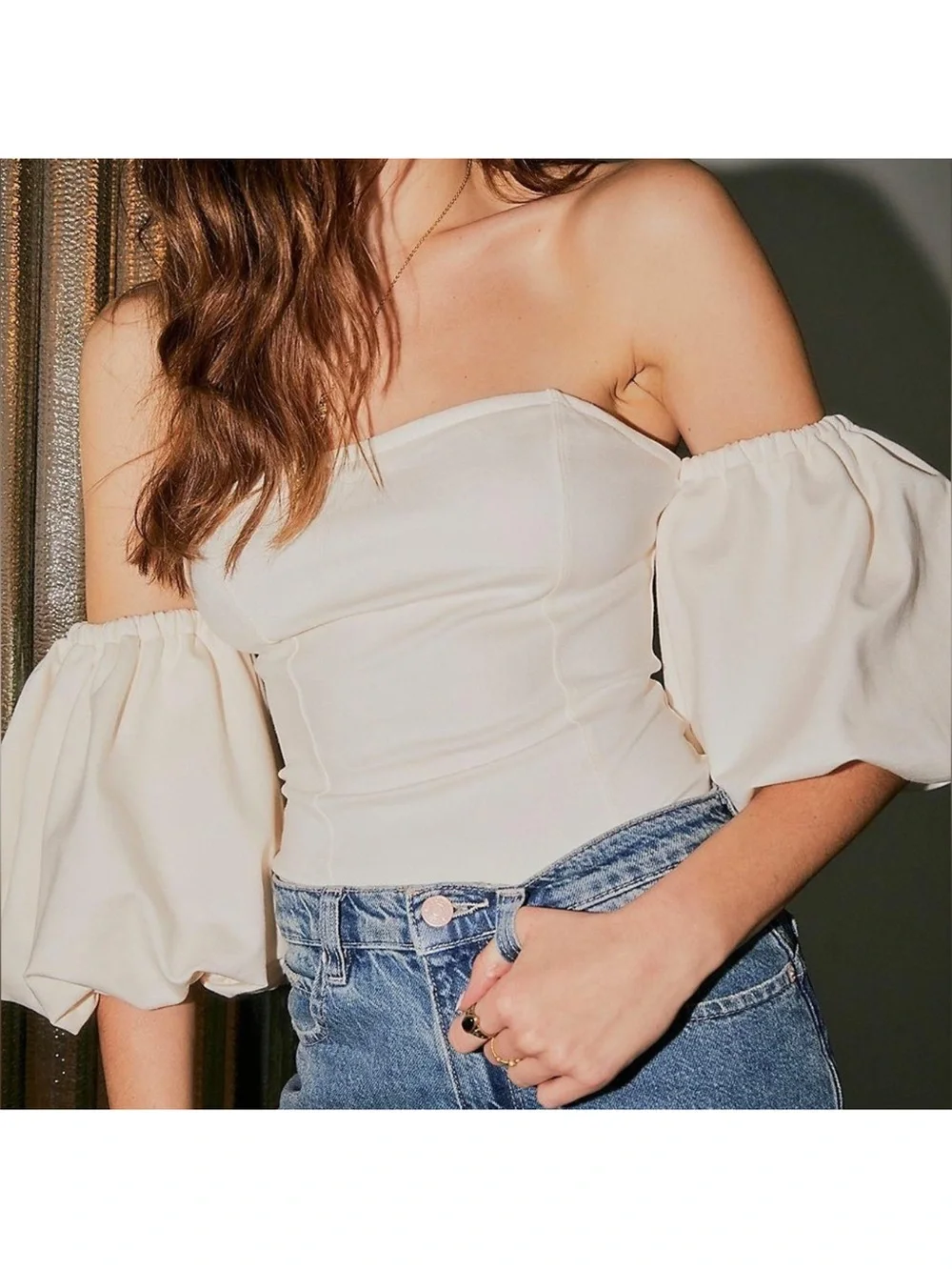 Free People Cream Off-Shoulder Puff Sleeve Camisole Top